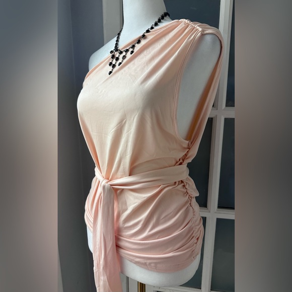 One Shoulder Peach / Cream Stretchy Top with Side Ruching and Matching Belt XL - Picture 3 of 7